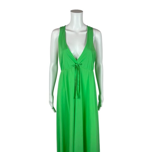 Vintage 70s Lime Nightgown Women's Medium Green Deep V Bow Neckline Racerback - Picture 2 of 11